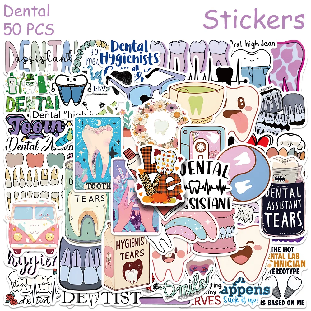 50pcs Cartoon Graffiti Dental Stickers Decals For Phone Laptop Refrigerator Suitcase Guitar Aesthetic Stickers Students Gifts