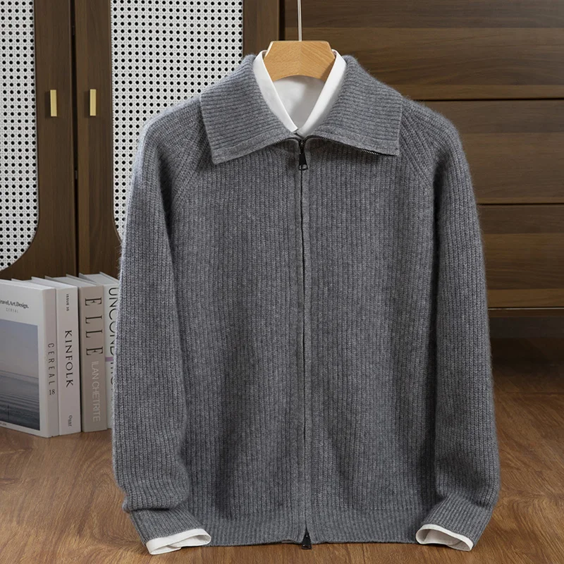남성용 100% 캐시미어 스웨터, 잉곳 바늘, 7 개의 바늘, 두꺼운 지퍼 칼라, 다목적 스타일, 가을 및 겨울 신상