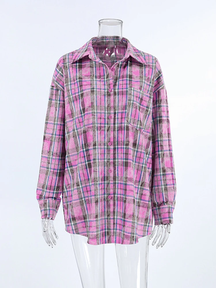 Aynaray 2024 Women Autumn Winter Long Sleeve Pink Plaid Shirt Vintage Oversized Loose Fit Blouse Female