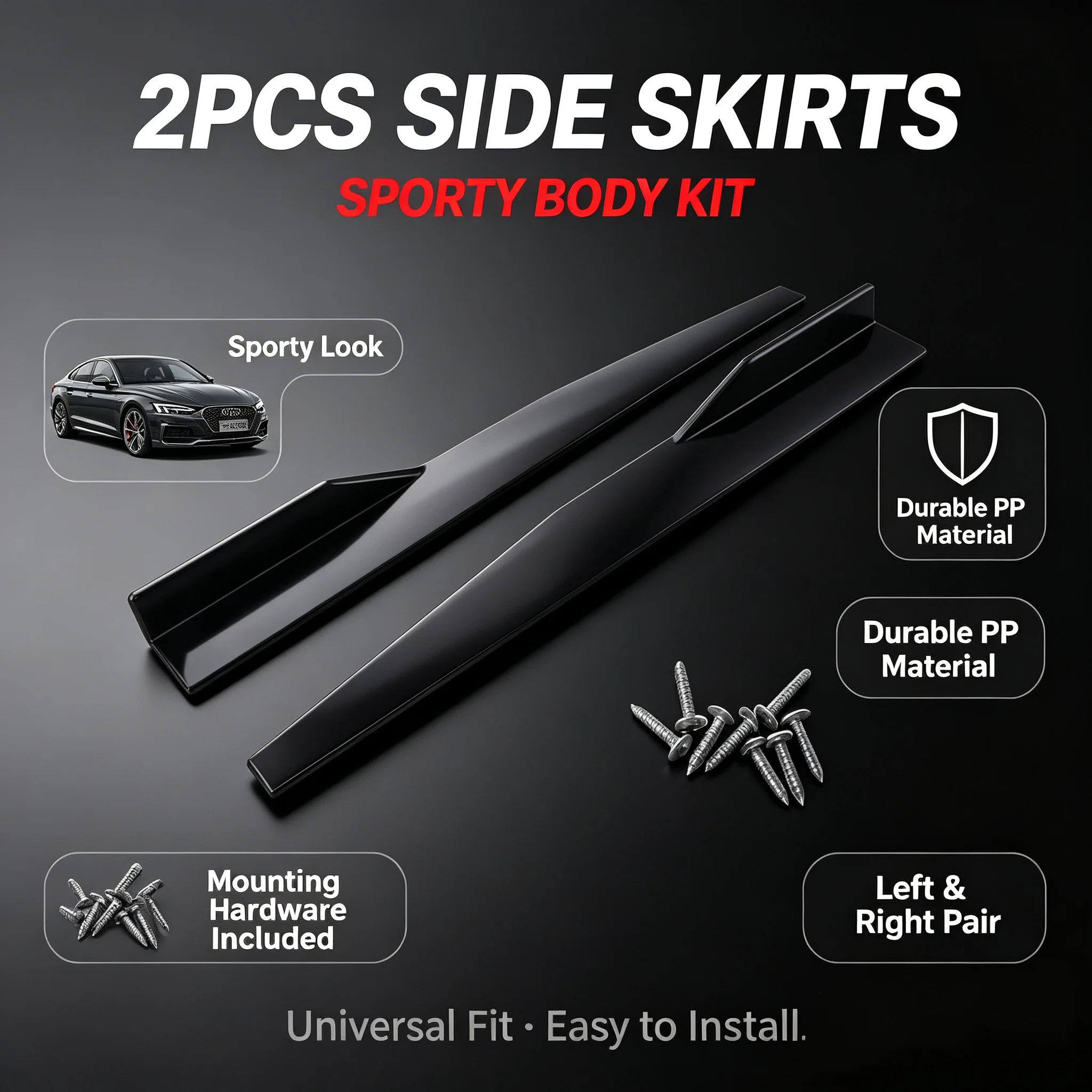 Two-piece general-purpose car side skirt - scratch-resistant ABS bumper trim strip, 29.33-inch black exterior trim accessories