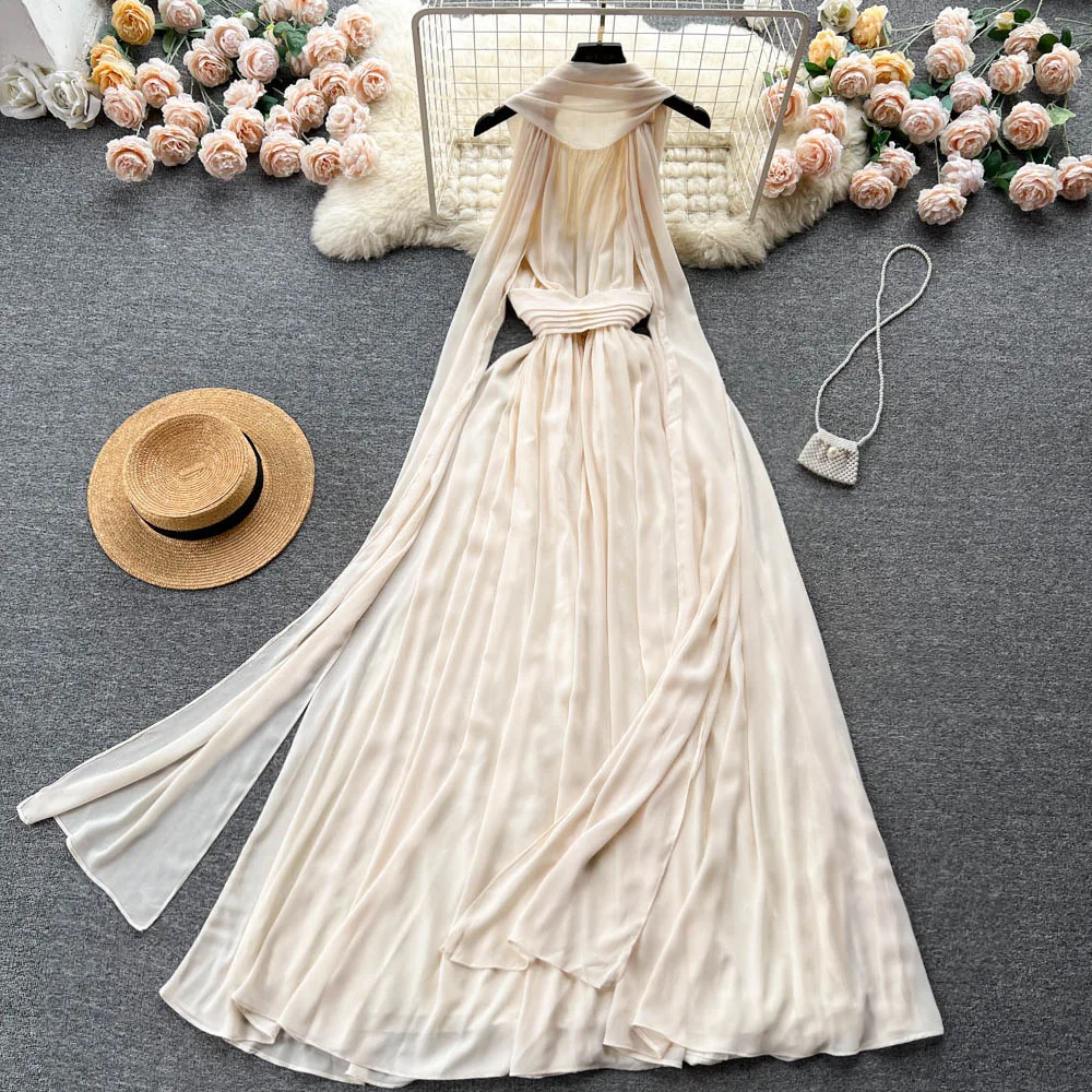 Elegant Sleeveless Vintage Halter Chic Backless Sweet Fairycore Floor Length Dresses Evening High Street Autumn Women Clothing