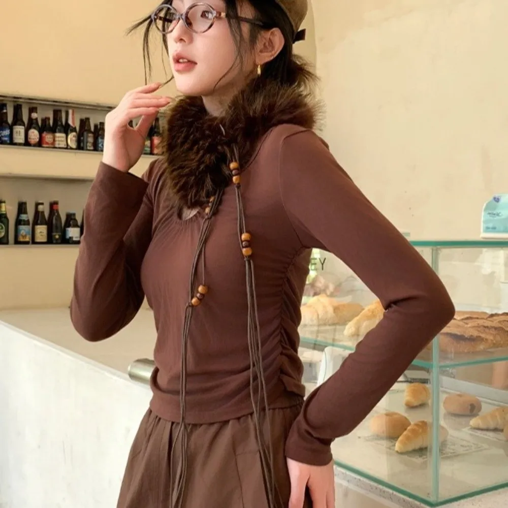 الرجعية Y2K الفراء طوق وشاح حبة خشبية مظهر رائع فروي حزام الخصر فاسق فتاة حار الخصر حبل الخصر التبعي