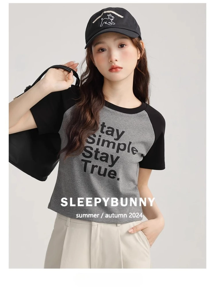 

Casual Slim Fit Raglan Sleeve T Shirt Women Short Crop Tee with Letter Print Summer Korean Style Contrast Color Crew Neck Top
