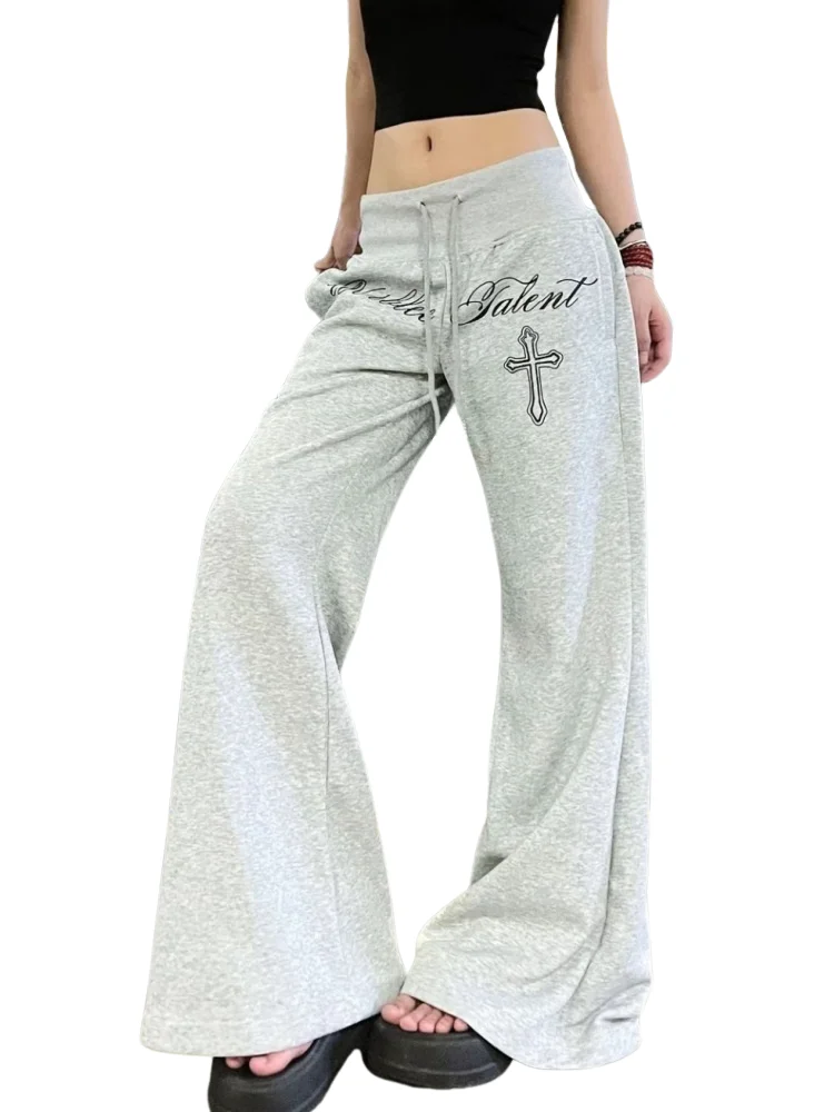 Vintage 2000s Letter Printed Elastic High Waist Flared Pants Women Autumn Spice Girl Punk Hip Hop Gothic Slim Wide Leg Sweatpant