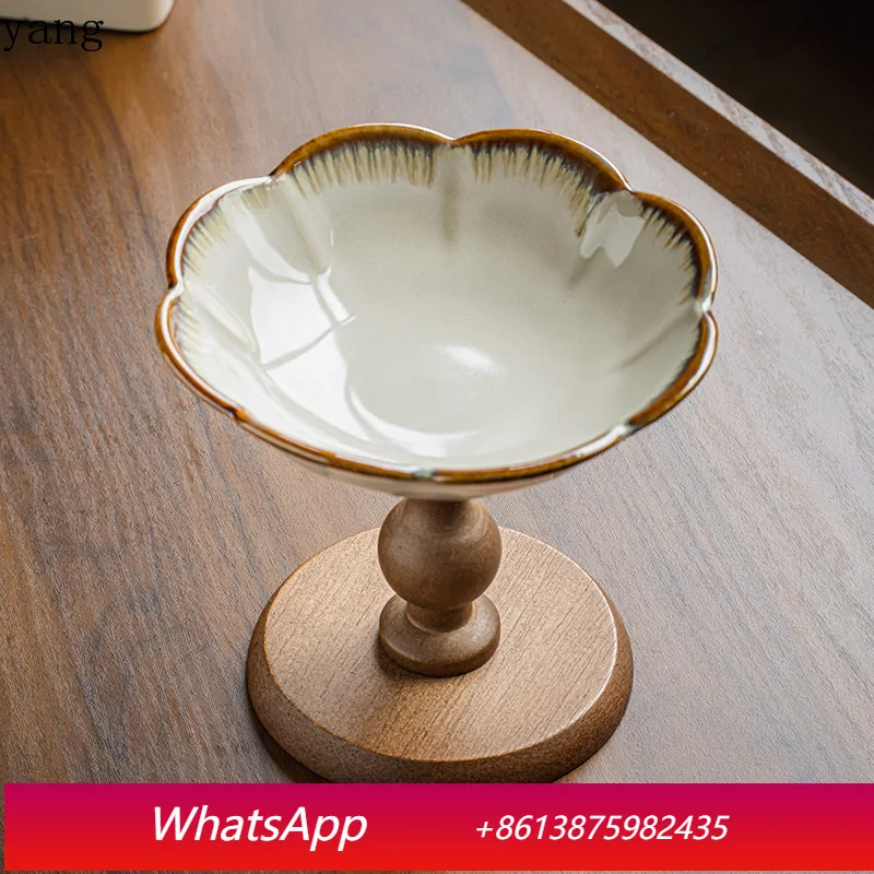 

LTT retro flower high foot plate wooden fruit plate coffee table cake dried fruit plate