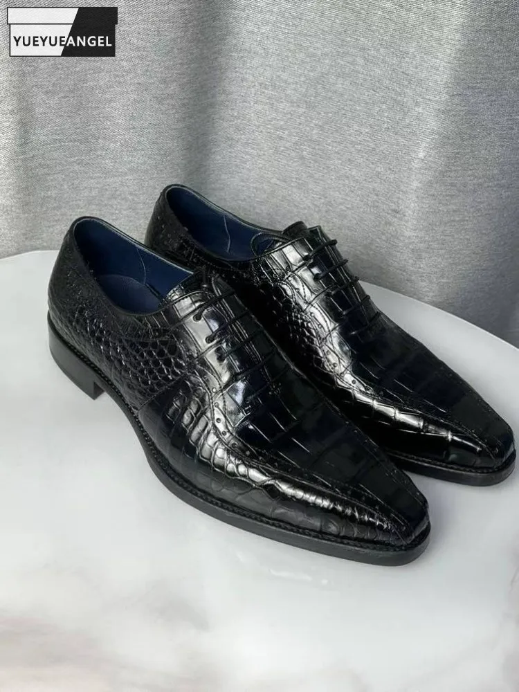 

Fashion Male Genuine Leather Crocodile Leather Comfortable Dress Shoes Square Toe Comfortable Slip On Casual Male Wear Resistant