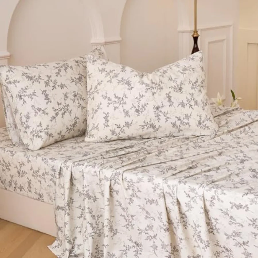 

Floral Bed Sheets Set 100% Cotton Percale Weave Bedding Size Toile Flower Printed Sheets, Soft and Breathable Khaki Luxury Bedd
