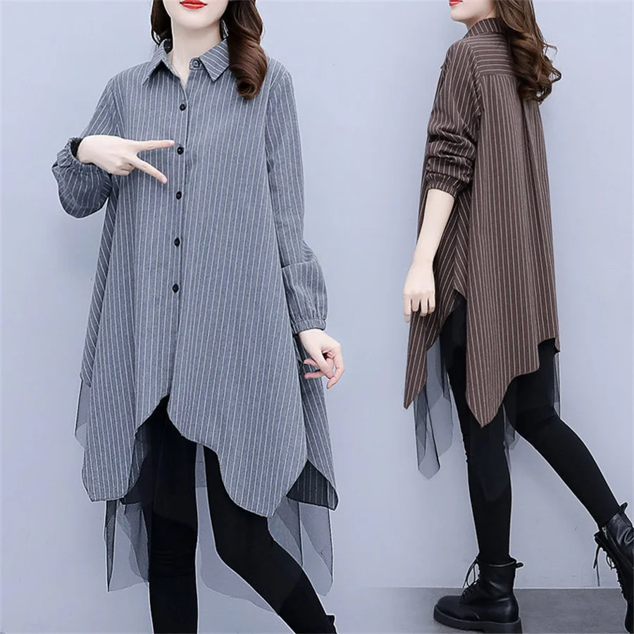 Women\'s Striped Shirts 2022 Elegant Asymmetrical Tops Casual Long Sleeve Blusas Female Button Patchwork Tunic Oversized