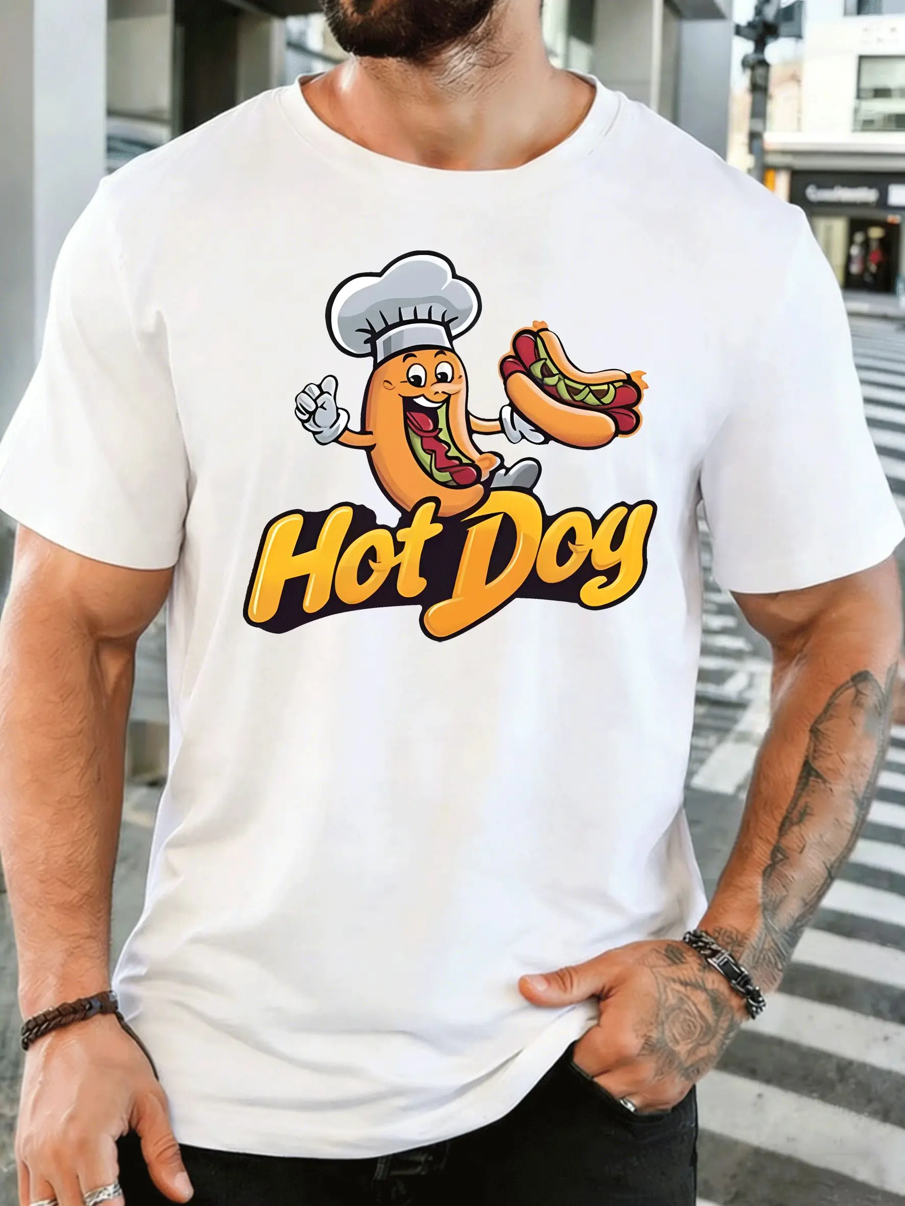 Funny Chef Hot Dog Cartoon Mens Front Print T Shirt Delicious Fast Food Graphic Tee Casual Short Sleeve Top Food Enthusiast Gift