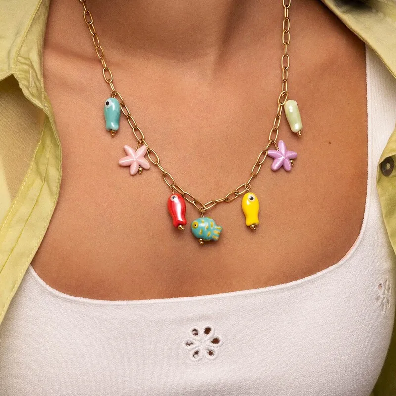 DIY Colorful 18k Real Gold Ocean Charms Shell Conch Starfish Charm Necklace Boho Summer Necklaces Beach Jewelry for Women Girls