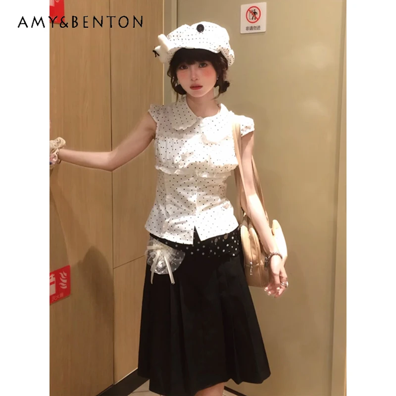 

Korean Doll Collar Polka Dot Women's Short Sleeve Shirt 2025 Summer New Lace Small Flutter Sleeve Slimming College Shirts ladies