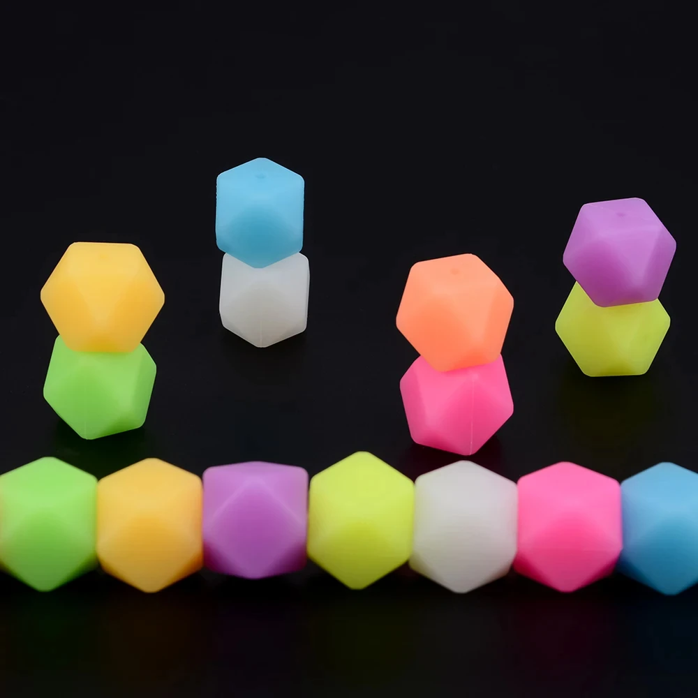 Lofca 20pcs 14mm Mini Hexagon Luminous Beads Glow In The Dark BPA Free Silicone Loose Marking DIY Chewable Colorful For Kids