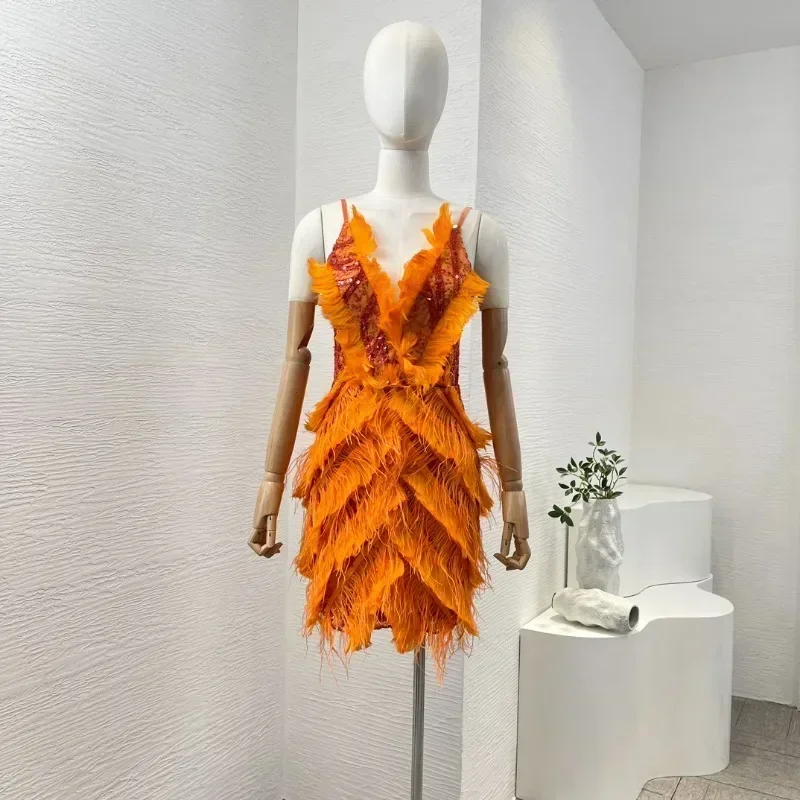 Worldcloset Female 2024 Personalized High Quality Sexy Orange Ostrich Feather Patchwork Deep V Neck Mini Dress