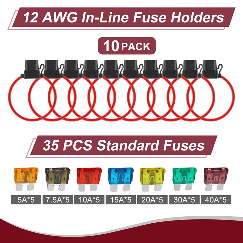 

ABMS-10Pack Inline Fuse Holder 12V,12 AWG Waterproof Fuse Holder With 35Pcs (5A/7.5A/10A/15A/20A/30A/40A) Standard Car Fuses