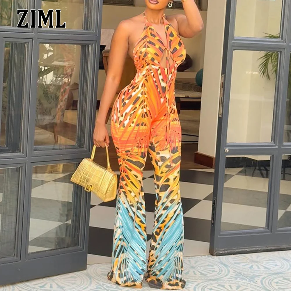 

ZIML Hit Color Backless Slimming Jumpsuits for Women Halter Sleeveless Temperament Spliced Lace Up Jumpsuits Female Fashion New