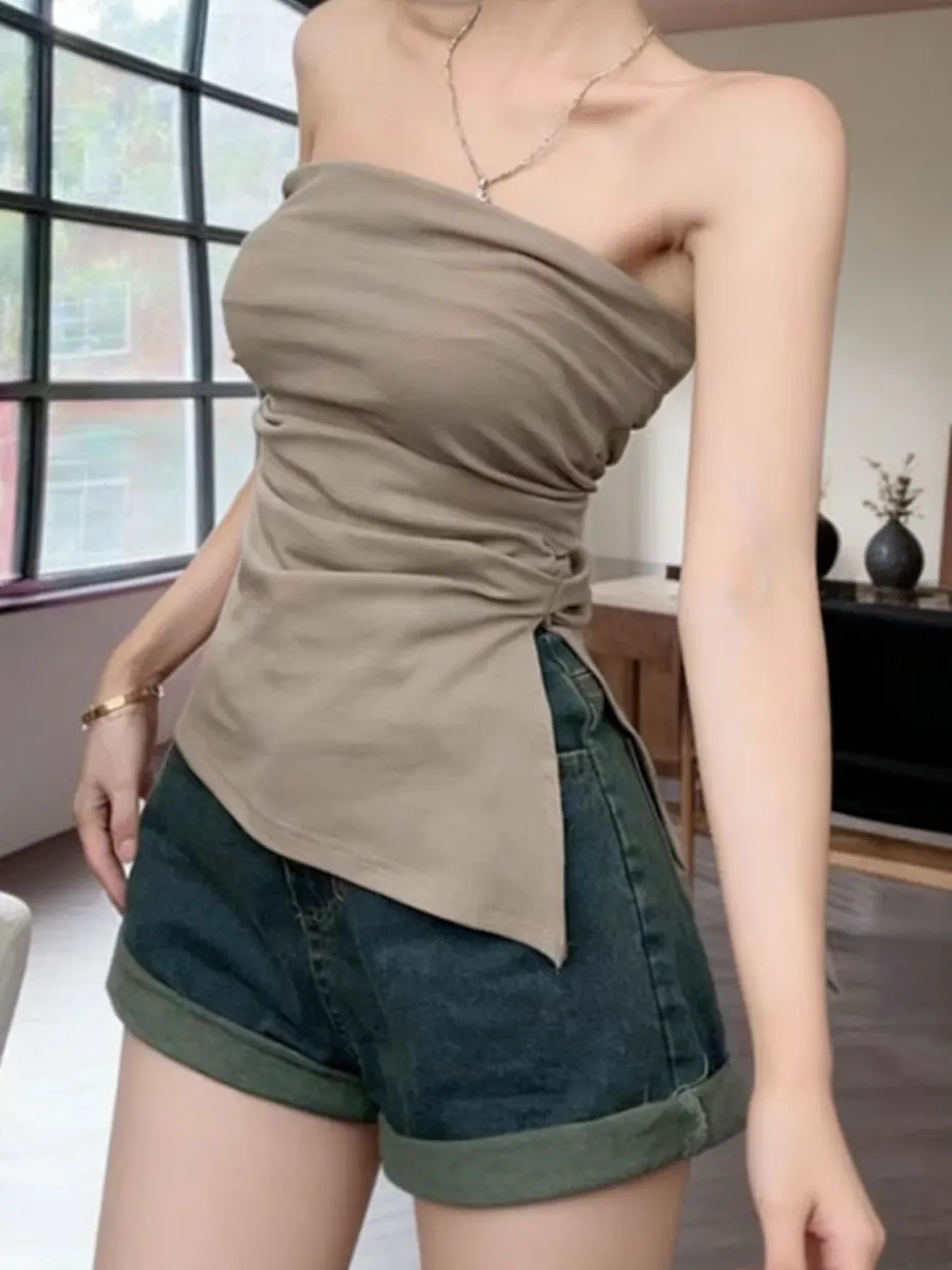 Sexy Strapless Vest Top Women's Design Asymmetric Split Waist-Cinching Inner Wear Outdoor Summer Sleeveless Base Layer Wrap C...