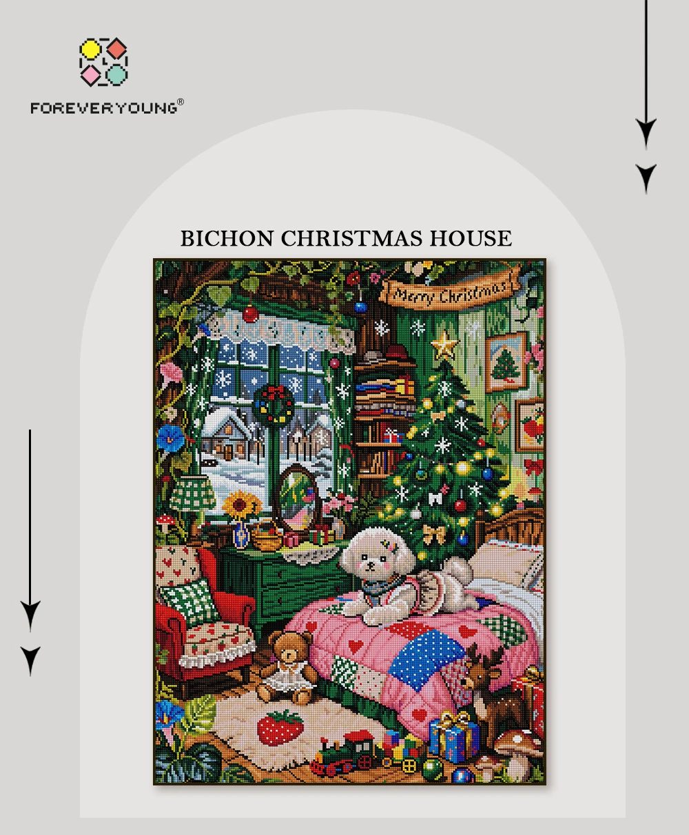FOREVERYOUNG 5D Diamond Painting Kit, Bichon Christmas House 52×70cm, Square Resin+AB+Fairy Dust Drill, Flocking Canvas DIY.