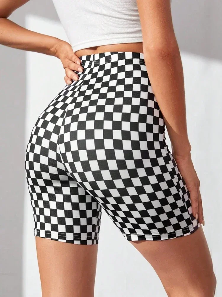 Bangniweigou Biker Shorts Cycling Black&white Checker Printed Fitness Jogging Bottoms Plaid