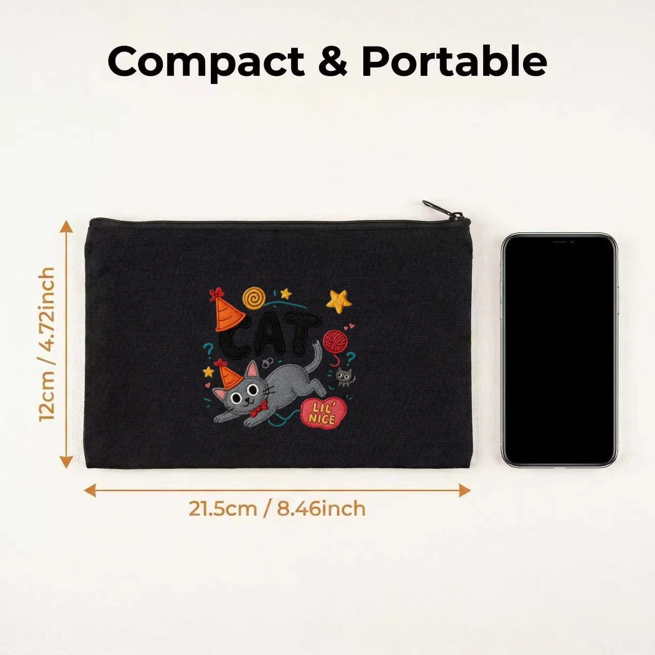 1PC Simulated Embroidery Party Hat Gray Cat CAT Lil Nice Text Canvas Cosmetic Bag Double Sided Portable Zipper Pouch