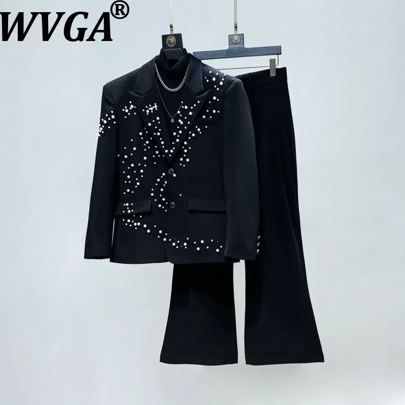 

Костюм-двойка (пиджак и брюки) для мужчин: весна-осень, новинка, дизайнерский, с жемчугом, тяжелая отделка, индивидуальный стиль, повседневный, драпированный, расклешенные брюки, модель Ins W18957