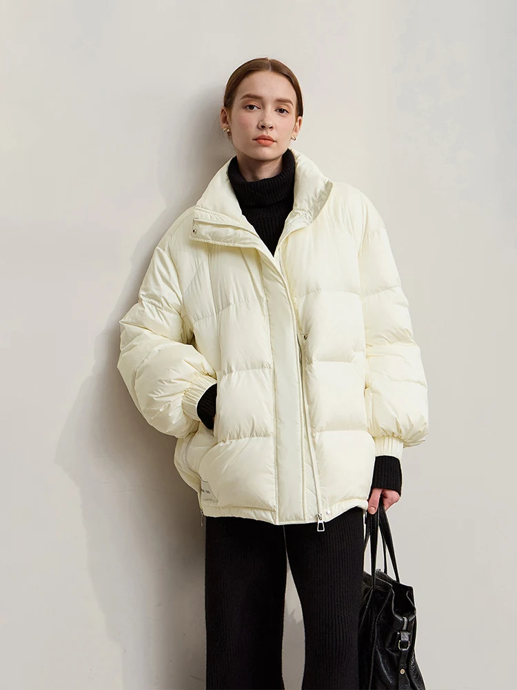 

Amii пуховые пальто 2025, новинка зимы, теплая водолазка с рукавами на плечах, свободный топ, однотонные универсальные длинные пуховые пальто для женщин 12544132