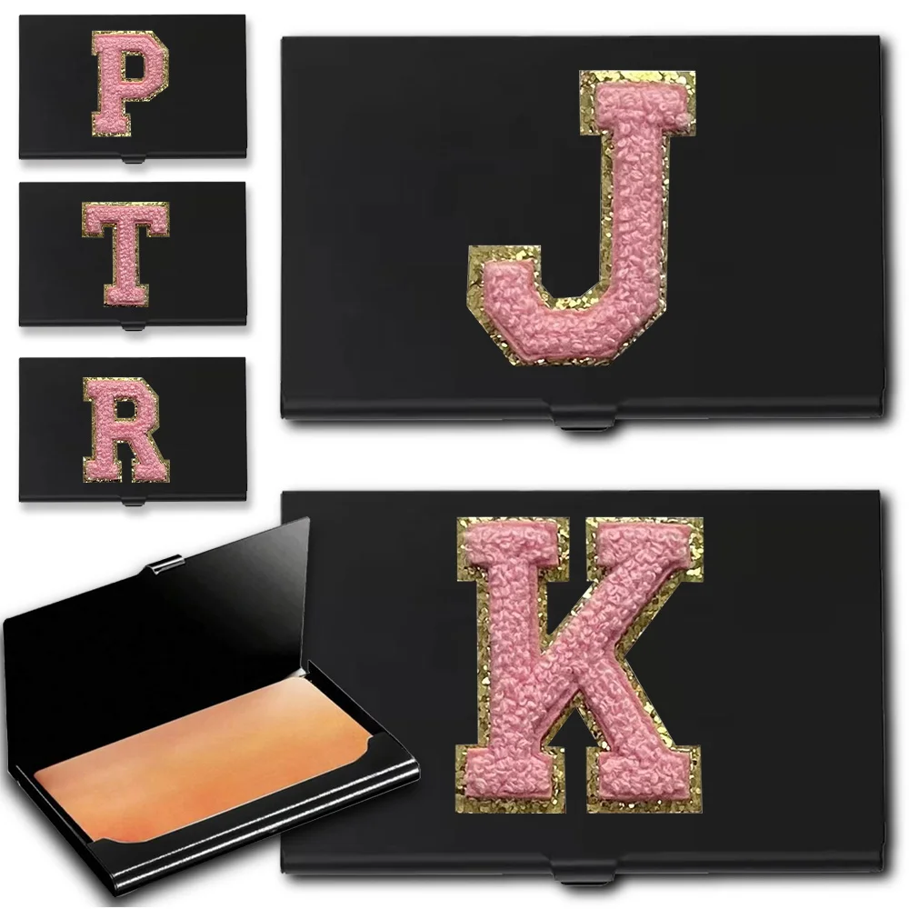 

Initial Chenille Metal Visiting Card Case Business Card Organizer Credit Card Storage Box Initials A-Z 26 Letter Pink Pattern