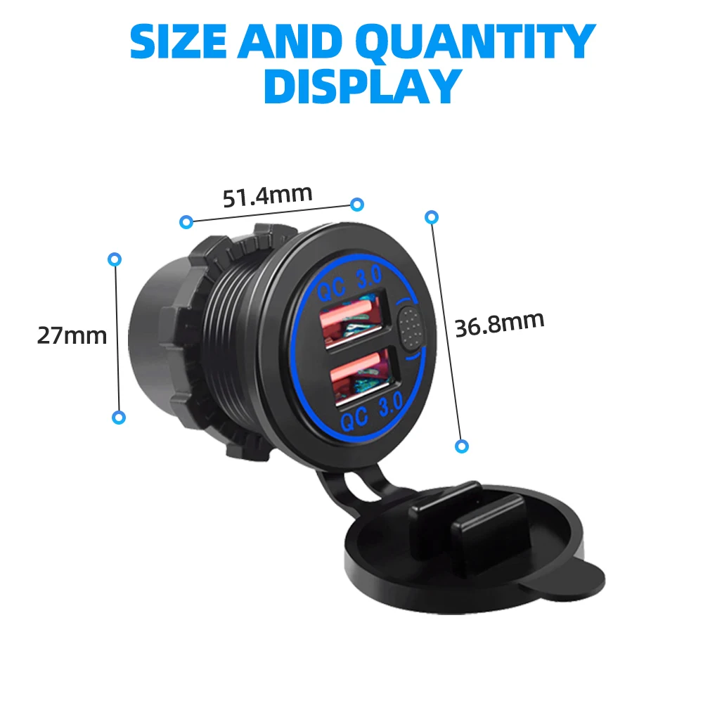 DC 12V-24V Aperture QC 3.0 Fast Car Charger Universal Dual USB Charger Waterproof Socket With Push Switch For Motorcycles