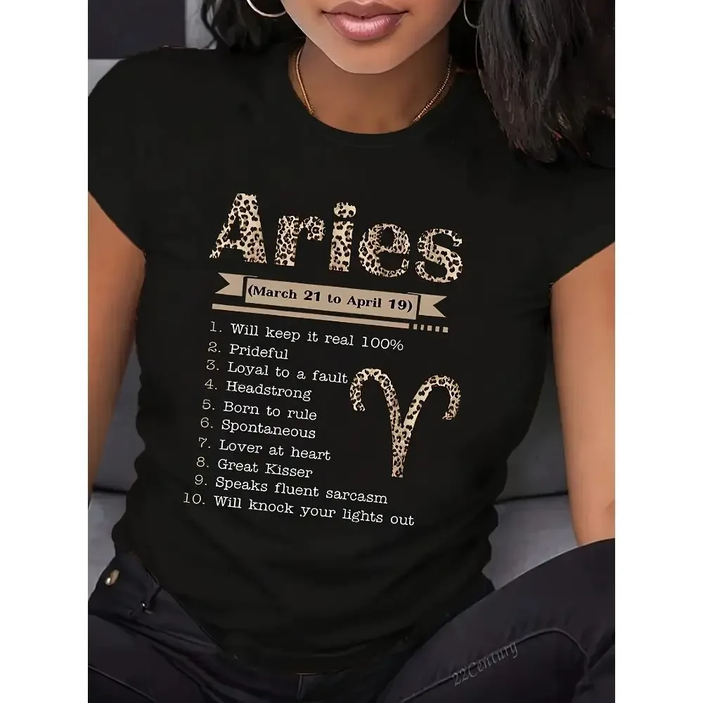 

Футболка с буквенным принтом зодиака Овен — женский повседневный топ с круглым вырезом и короткими рукавами, дышащая смесь полиэстера, можно стирать в машине,