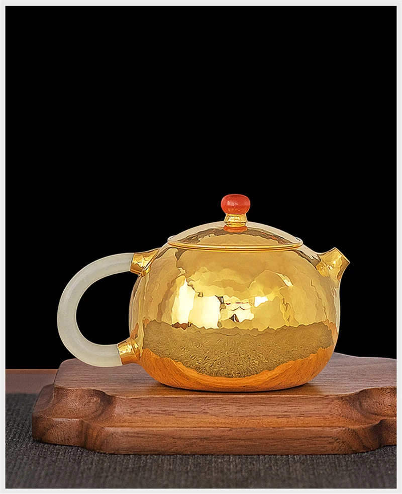 

Purely Handmade Gold-Plated Xishi Teapot, Sterling Silver 999, Household Anti-Scalding Teaset with Handle Jasper Teakettle