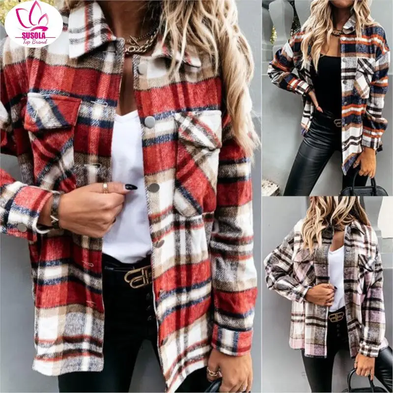 

SUSOLA Lady Autumn Long Plaid Jacket Women Coat Overshirt Winter Checkered Jacket Female Long Sleeve Shirt Jacket For Women