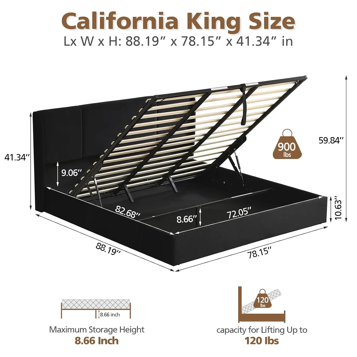 Velvet Wingback Storage Bed Frame California King Hydraulic Lift Wood Slat Support No Box Spring Black, Customized
