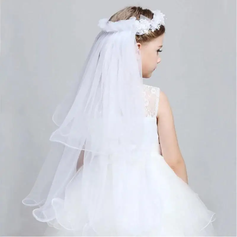 Children Little Princess Hairband Double Layers Tulle Bridal Veils Flowers Garland Ruffles Floral Lace Wedding Party Wreath Hot image 2