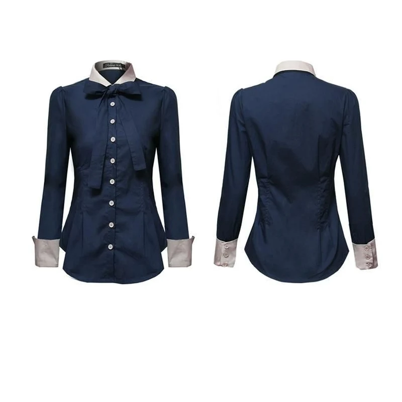 Spring New Contrast Patchwork Shirt Tops Long Sleeve Polo Sleeve Slim All-match Blouse Elegant Fashion Women Clothing