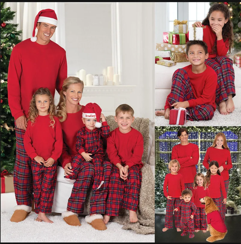 

2025 Red Checked Print Matching Christmas Outfit Mom Dad Kids Family Set Soft Loose Pajamas Baby Romper Thin Sleepwear Xmas Look