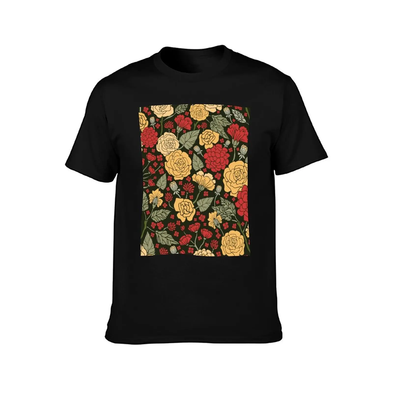 Red, Sage, Black & Cream Floral Pattern T-Shirt Large Size Breathable Tee T-Shirt