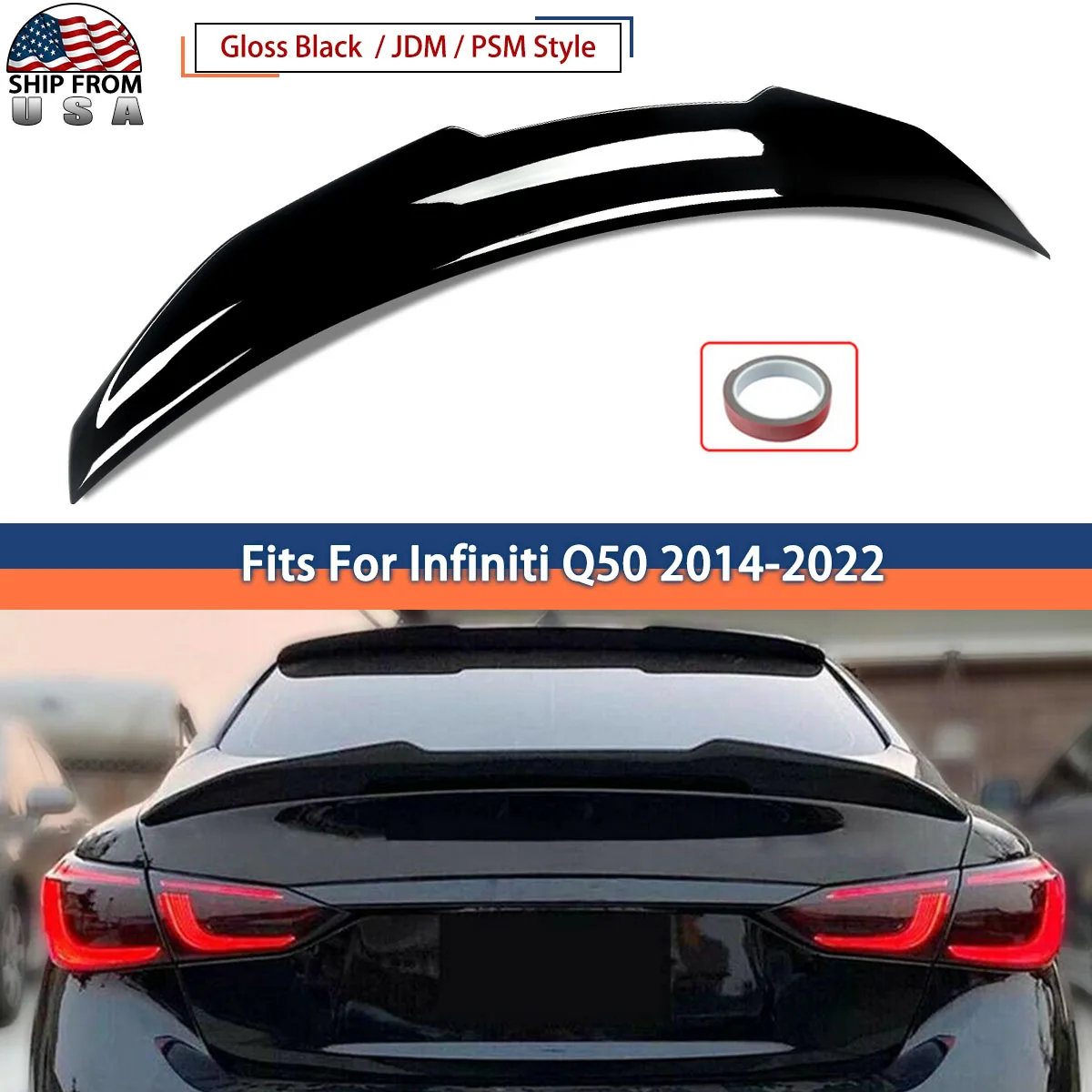 

Rear Tail Spoiler Wings For 2014-2022 Infiniti Q50 Rear Trunk Spoiler High Kick JDM PSM Style Glossy Black Magickit