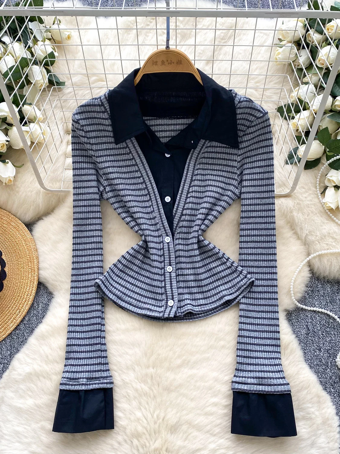 

American College Sle Anti-Aging Fake Two-Piece Long Sve Collar Knitted Top Women's Autumn Color Blo Base irt