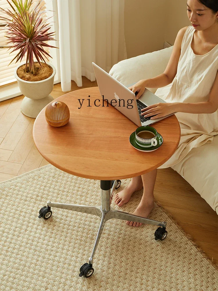 TQH6.4  solid wood lifting coffee table movable small round  with wheels, living room coffee table, sofa edge table
