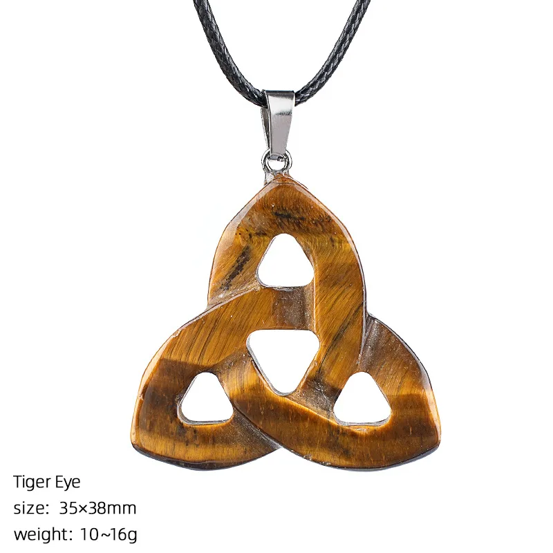 1pc Tiger Eye Natural Stone Celtic Witch Knot Pendant Quartz Hollow Triangle Irish Lucky Charms Necklace Gift for Women and Man