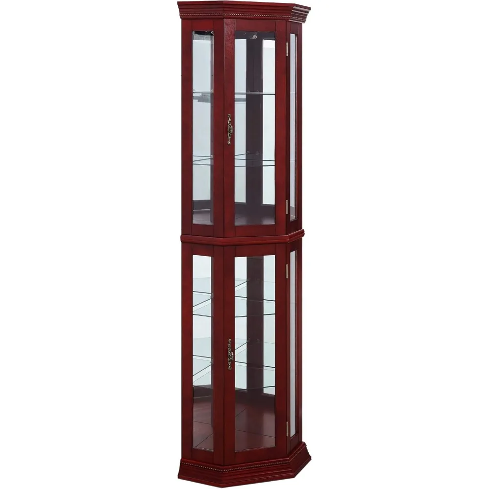 Lighted Wooden Corner Display Curio Cabinet, Two Section Shelving Unit with Tempered Glass Door, Bar and Liquor Storage