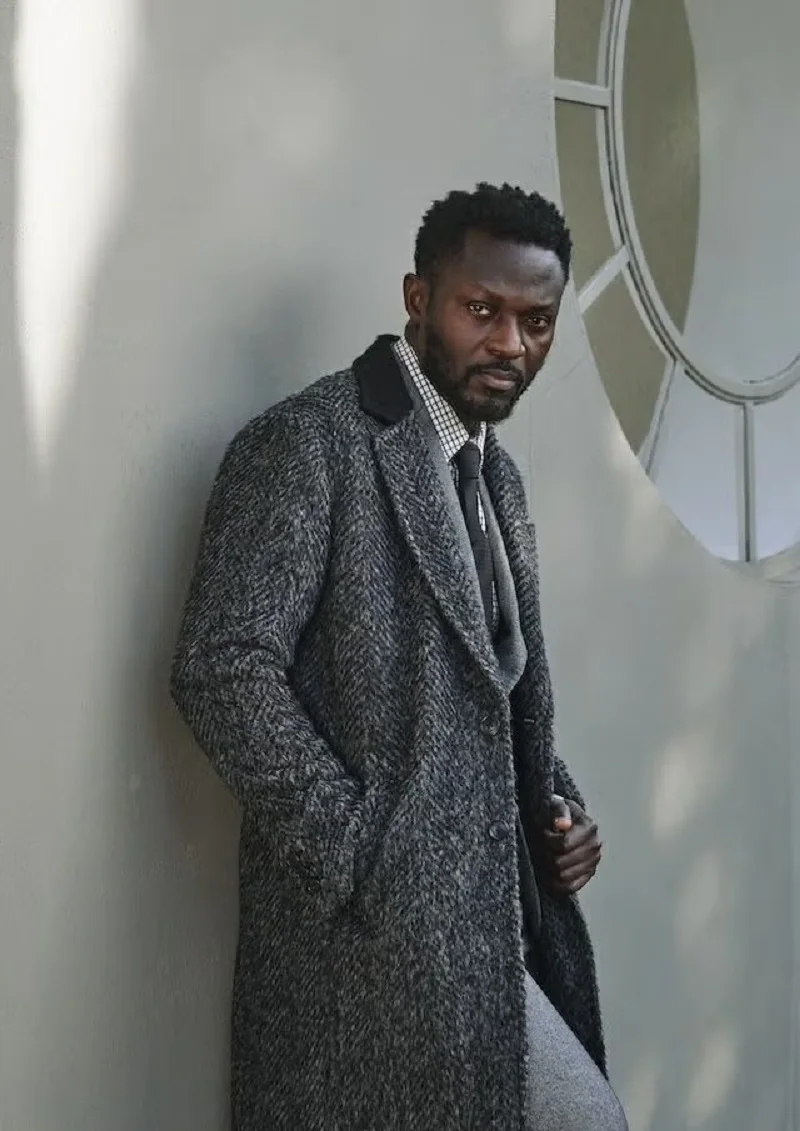 Classic Grey Salt and Pepper Tweed Overcoat with Contrast Black Collar and Single Breasted Front Men Long Coat Customized E26109