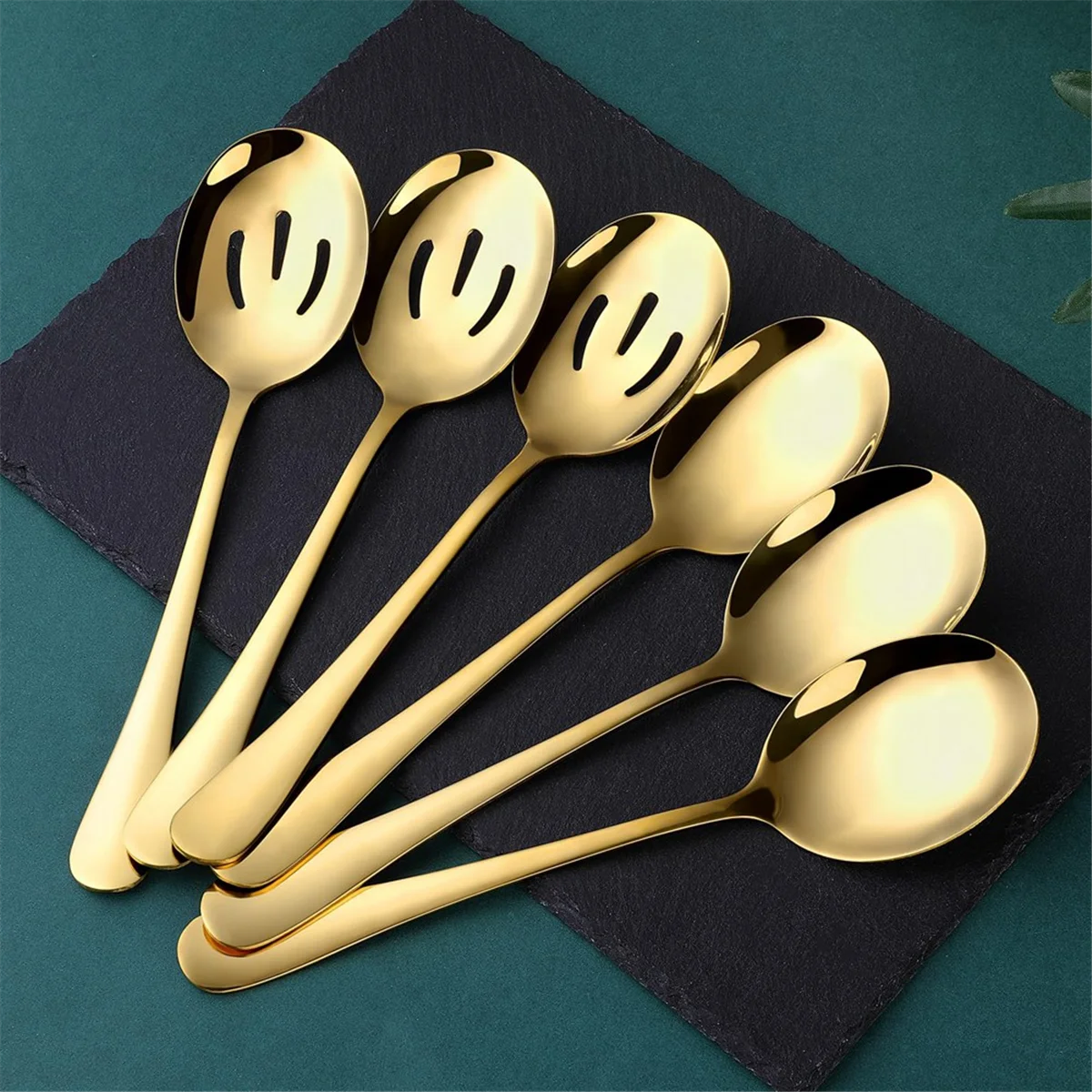 Gold Serving Spoons 6 Pieces, Stainless Steel Serving Utensils with Mirror Polished,3 Serving Spoon and 3 Slotted Spoons