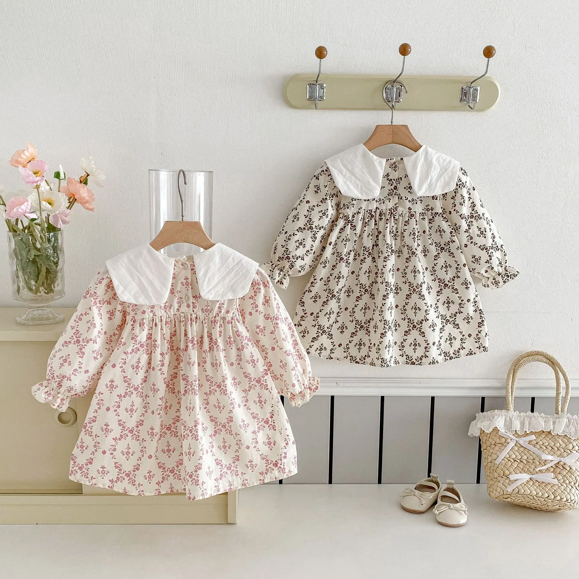 2025 Autumn New Girls Casual Dress Children Large Collar Flower Embroidery Dress Cotton Baby Girl Floral Princess Dress