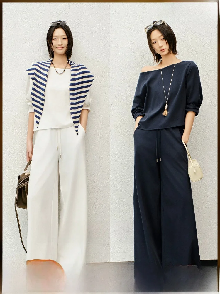 

Meiyang Lightweight Oxygen No. Set Casual Cotton Shoulder Baring Top And Pants High Waist Long Pants T-Shirt Style Loose Fit