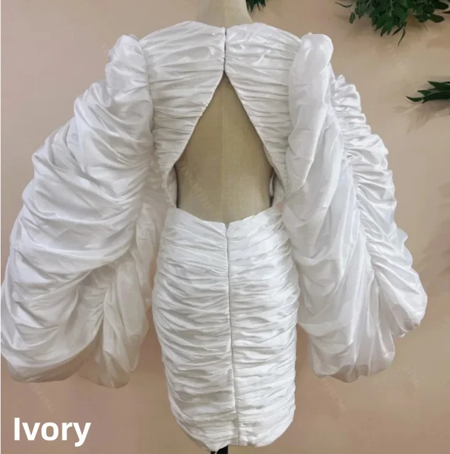 Elegant White Ruched Mini Evening Gown Deep V Oversized Puffy Sleeve Back Hollow Short Bridal Dress Civil Wedding Photo Outfit