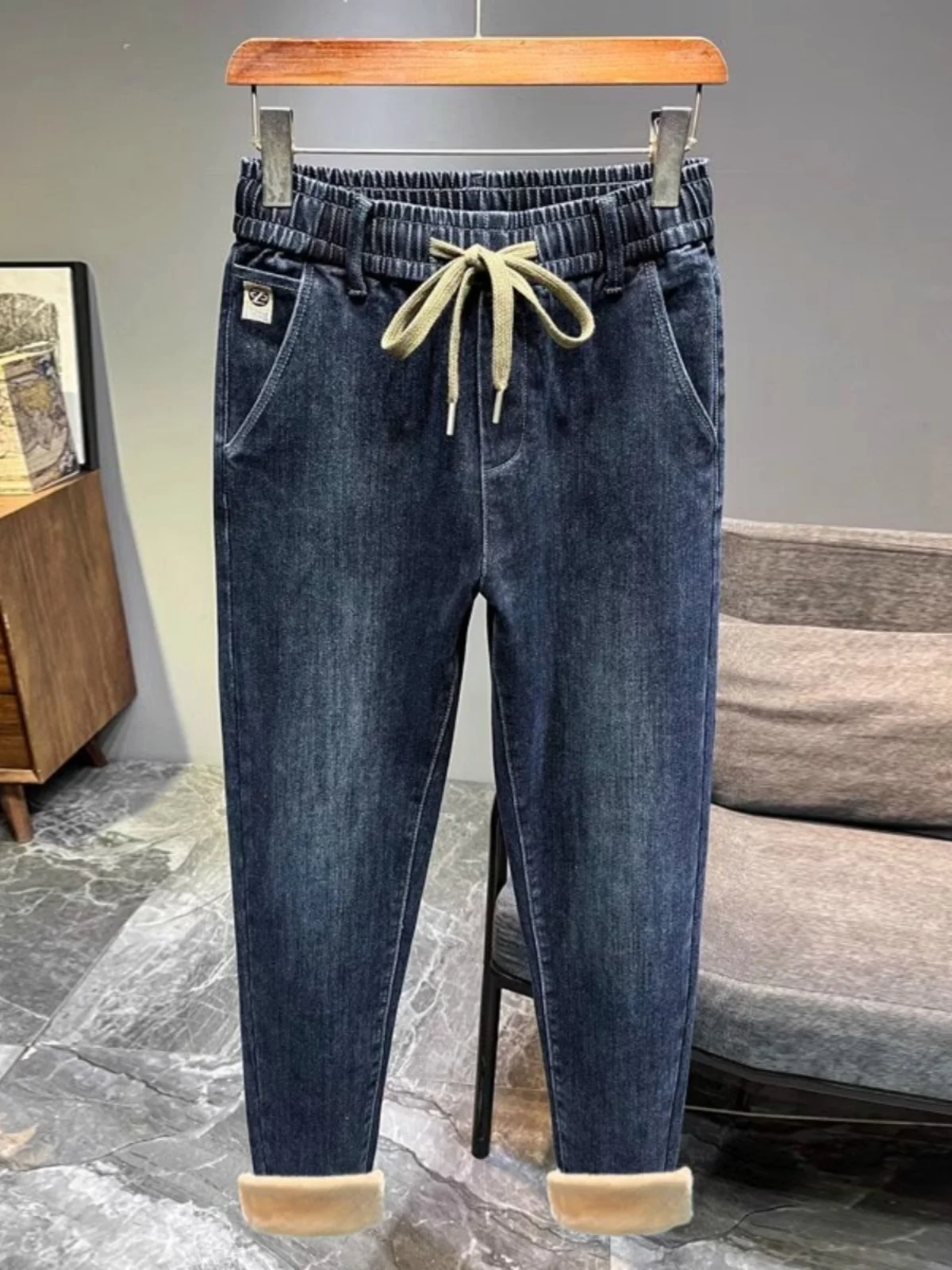 

Мужские повседневные прямые джинсы с эластичной резинкой на талии на подкладке, джинсовые зимние теплые модные молодежные длинные брюки премиум-класса