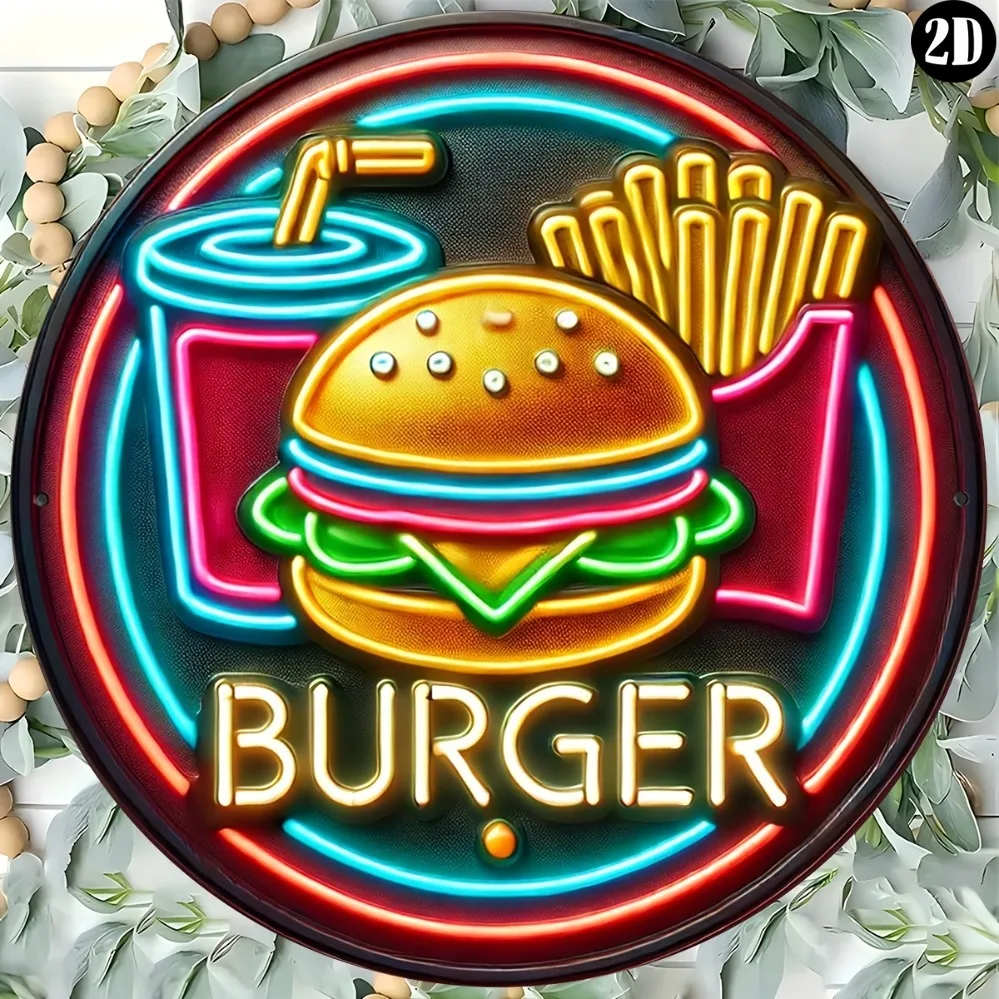 Round Metal Tin Sign Burger Fries Fake Neon Print Wall Decor, Non LED 2D Flat Metal Plaque For Fast Food Diner Food Truck