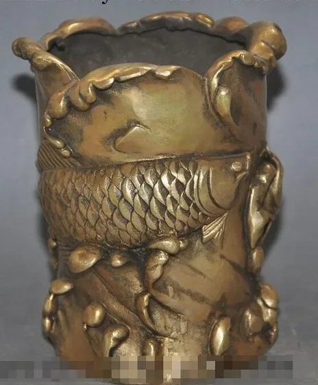 mark chinese dynasty palace brass fish lotus lucky statue brush pot pencil vase