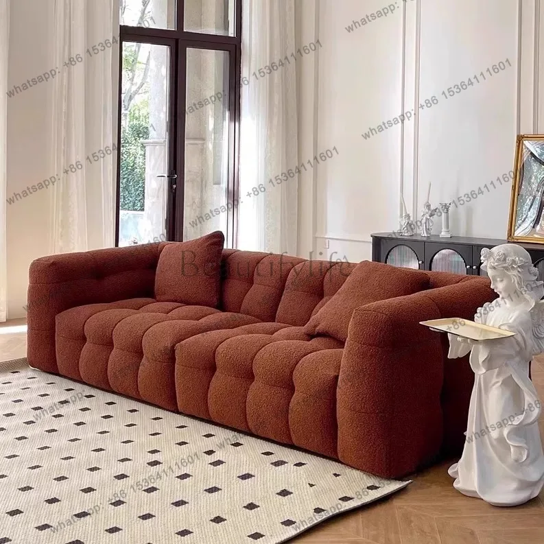 Lamb wool fabric straight row pull button sofa bed custom pull drill process cream French