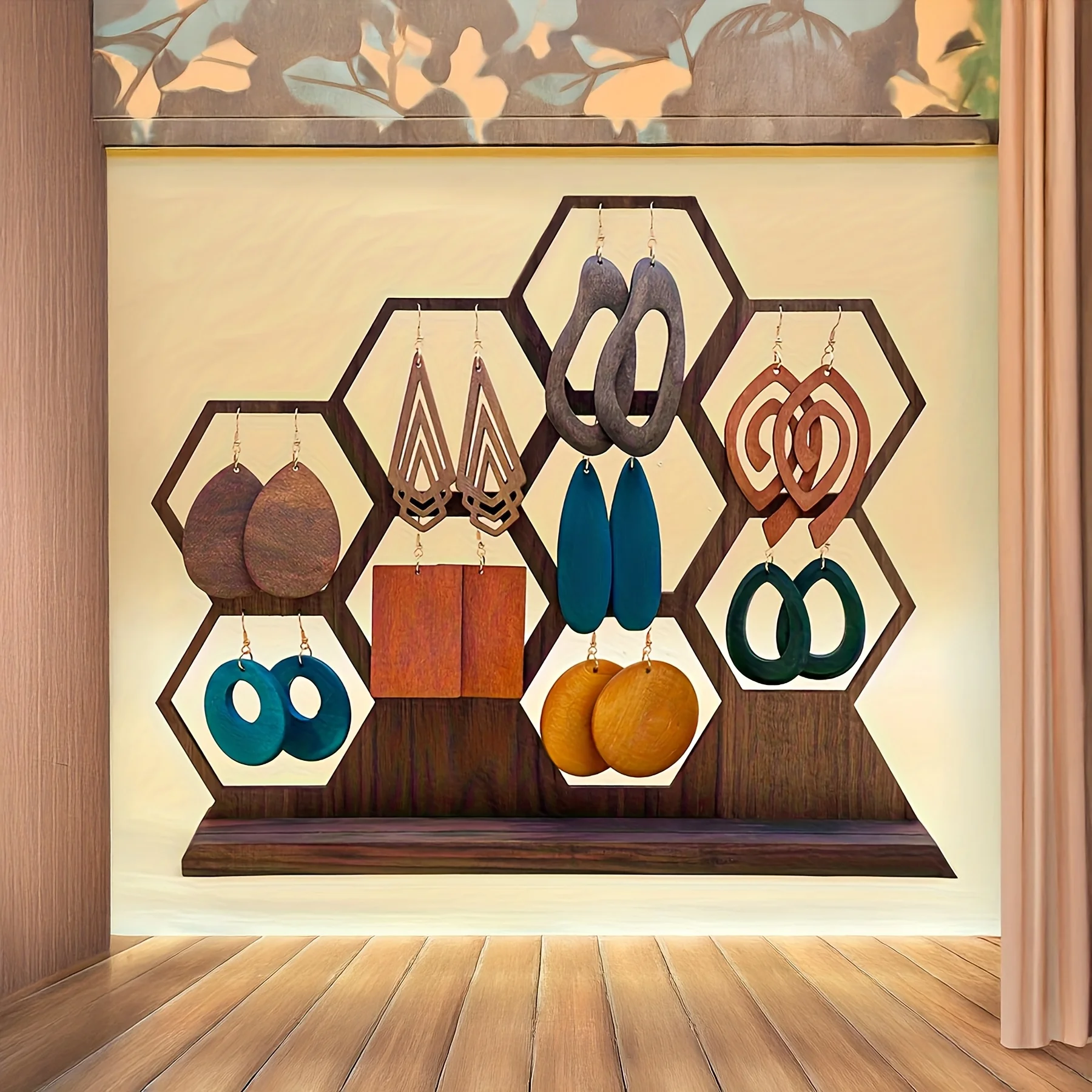 9 pairs of multi-color hollow water drop/geometric/round wooden pendant earrings, retro elegant style, spring and summer holiday